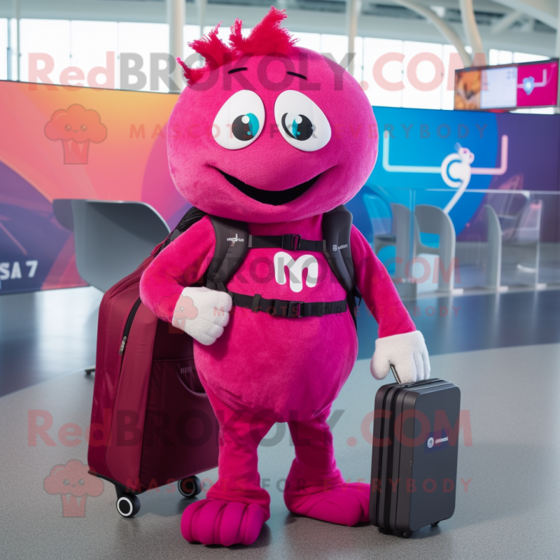 Magenta Computer mascot costume character dressed with a V-Neck Tee and Backpacks