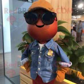 Rust Apple mascot costume character dressed with a Chambray Shirt and Sunglasses