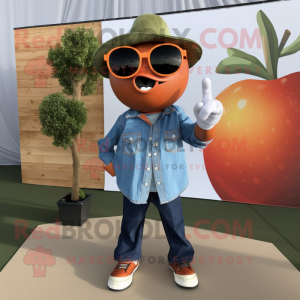 Rust Apple mascot costume character dressed with a Chambray Shirt and Sunglasses