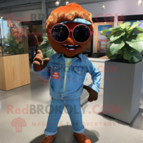 Rust Apple mascot costume character dressed with a Chambray Shirt and Sunglasses