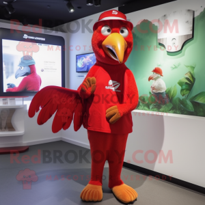 Red Parrot mascot costume character dressed with a V-Neck Tee and Hats