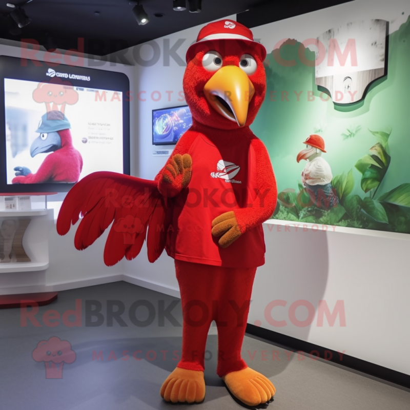 Red Parrot mascot costume character dressed with a V-Neck Tee and Hats