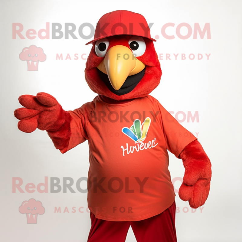 Red Parrot mascot costume character dressed with a V-Neck Tee and Hats