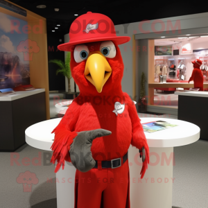 Red Parrot mascot costume character dressed with a V-Neck Tee and Hats