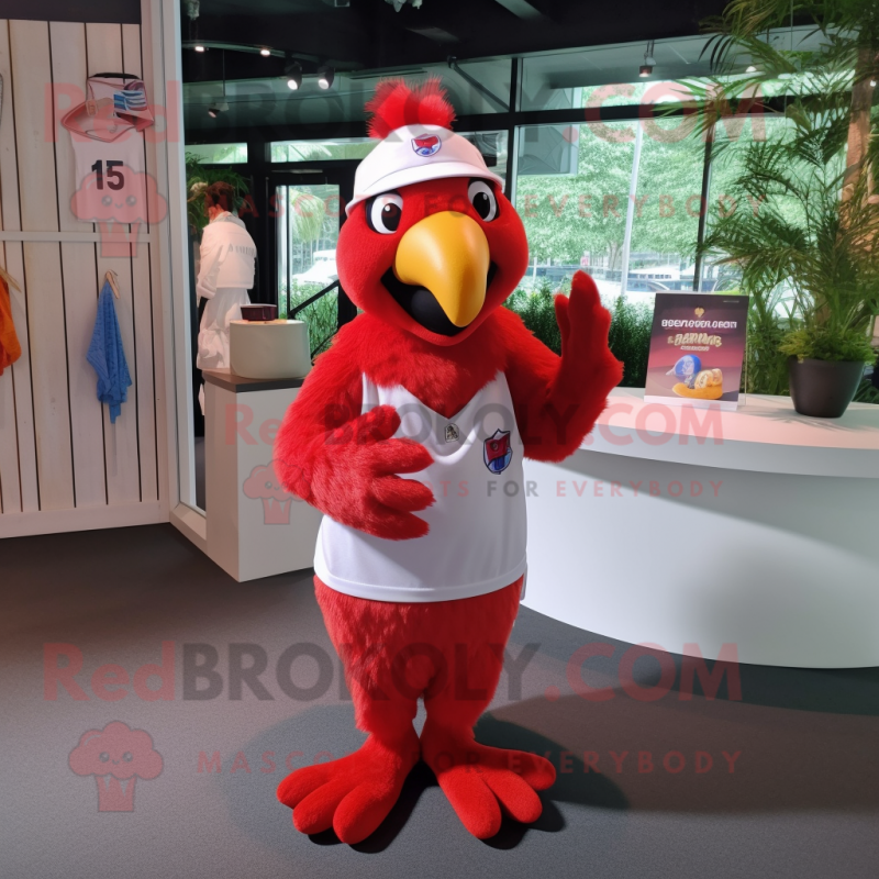 Red Parrot mascot costume character dressed with a V-Neck Tee and Hats