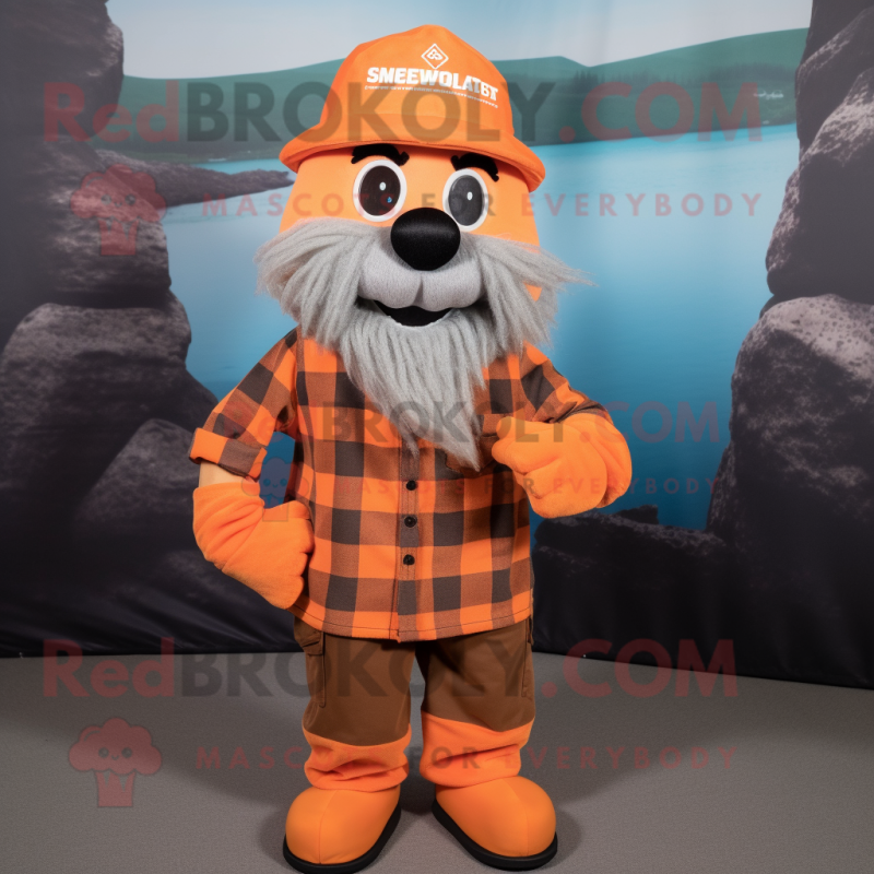 Orange Marine Recon mascot costume character dressed with a Flannel Shirt and Headbands