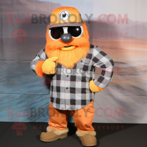 Orange Marine Recon mascot costume character dressed with a Flannel Shirt and Headbands