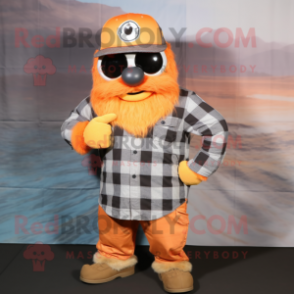 Orange Marine Recon mascot costume character dressed with a Flannel Shirt and Headbands