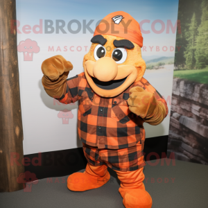 Orange Marine Recon mascot costume character dressed with a Flannel Shirt and Headbands