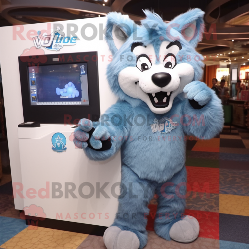 Sky Blue Wolf mascot costume character dressed with a Cover-up and Clutch bags