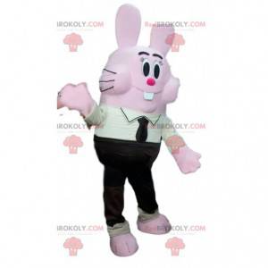 Komiksový maskot růžového králíka v černém obleku a kravatě -