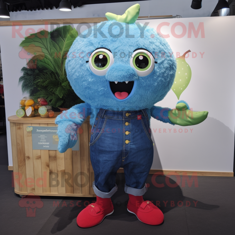 Cyan Raspberry mascot costume character dressed with a Denim Shorts and Keychains