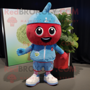 Cyan Raspberry mascot costume character dressed with a Denim Shorts and Keychains