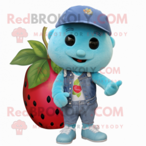 Cyan Raspberry mascot costume character dressed with a Denim Shorts and Keychains