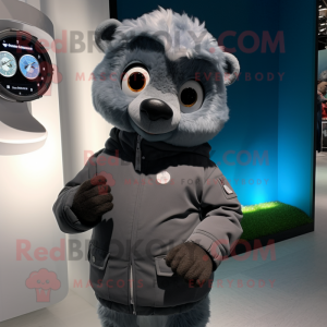 Gray But mascot costume character dressed with a Parka and Smartwatches