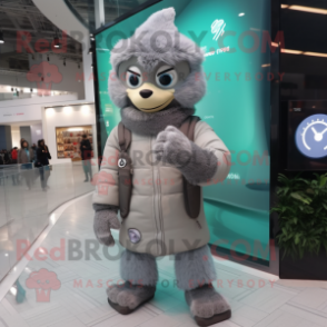 Gray But mascot costume character dressed with a Parka and Smartwatches