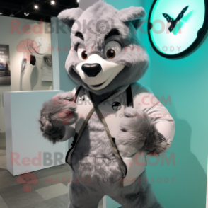 Gray But mascot costume character dressed with a Parka and Smartwatches