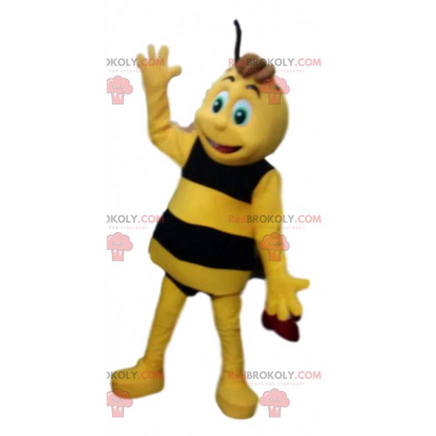 Mascota de abeja amarilla y negra, bonita y traviesa -