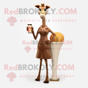 Brown Giraffe mascot costume character dressed with a Cocktail Dress and Clutch bags