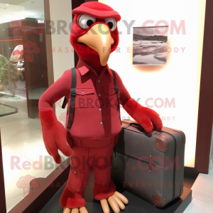 Red Vulture mascot costume character dressed with a Overalls and Briefcases