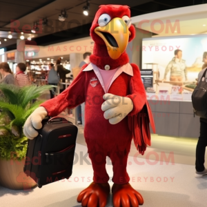 Red Vulture mascot costume character dressed with a Overalls and Briefcases