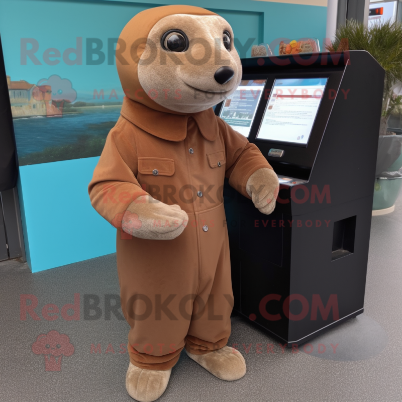 Brown Sea Lion mascot costume character dressed with a Jumpsuit and Wallets