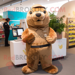 Brown Sea Lion mascot costume character dressed with a Jumpsuit and Wallets