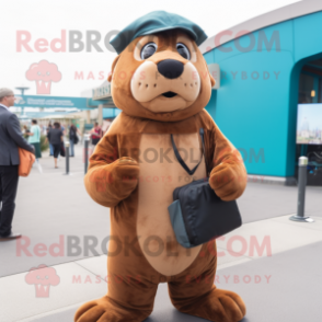 Brown Sea Lion mascot costume character dressed with a Jumpsuit and Wallets