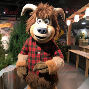 Brown Goat mascot costume character dressed with a Flannel Shirt and Hairpins