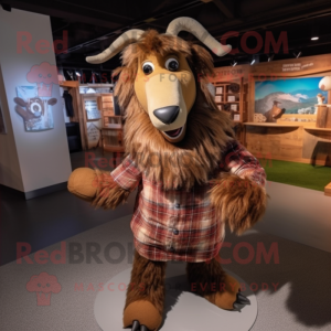 Brown Goat mascot costume character dressed with a Flannel Shirt and Hairpins