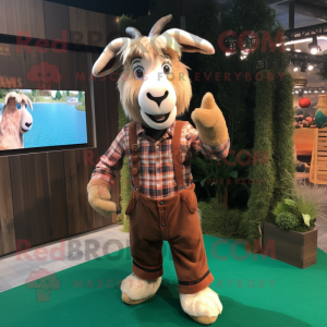 Brown Goat mascot costume character dressed with a Flannel Shirt and Hairpins