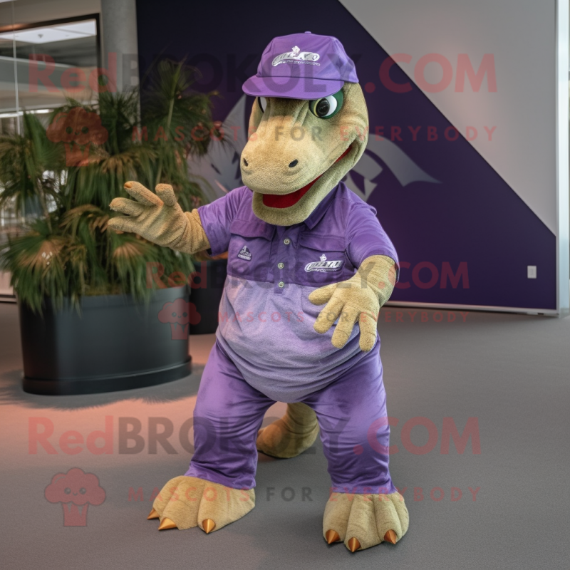 Purple Allosaurus mascot costume character dressed with a Cargo Shorts and Caps Purple Allosaurus mascot costume character dressed with a Cargo Shorts and Caps