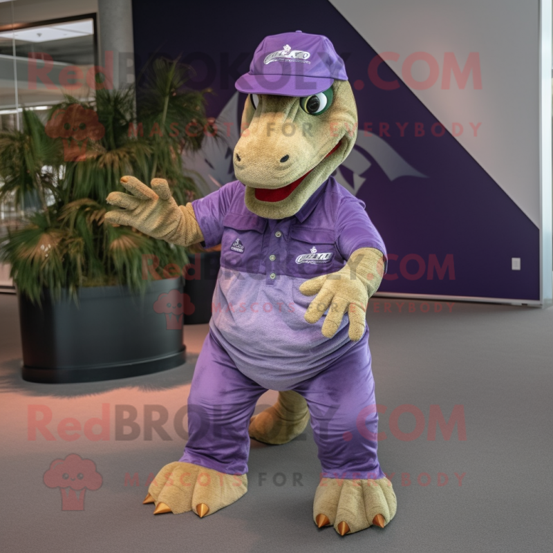 Purple Allosaurus mascot costume character dressed with a Cargo Shorts and Caps