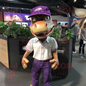 Purple Allosaurus mascot costume character dressed with a Cargo Shorts and Caps