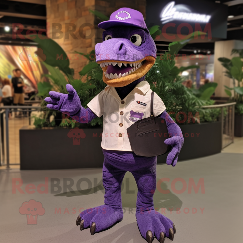 Purple Allosaurus mascot costume character dressed with a Cargo Shorts and Caps Purple Allosaurus mascot costume character dressed with a Cargo Shorts and Caps