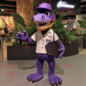 Purple Allosaurus mascot costume character dressed with a Cargo Shorts and Caps