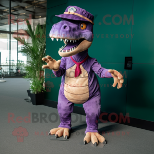 Purple Allosaurus mascot costume character dressed with a Cargo Shorts and Caps