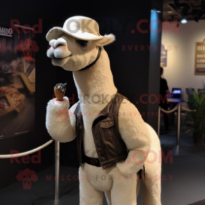 White Camel mascot costume character dressed with a Leather Jacket and Hat pins