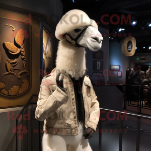White Camel mascot costume character dressed with a Leather Jacket and Hat pins
