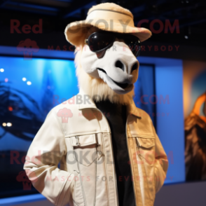 White Camel mascot costume character dressed with a Leather Jacket and Hat pins