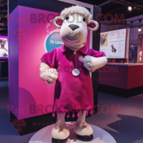 Magenta Suffolk Sheep mascot costume character dressed with a Playsuit and Lapel pins