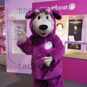 Magenta Suffolk Sheep mascot costume character dressed with a Playsuit and Lapel pins