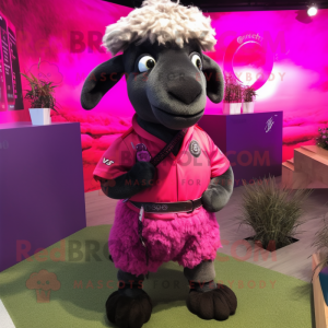 Magenta Suffolk Sheep mascot costume character dressed with a Playsuit and Lapel pins