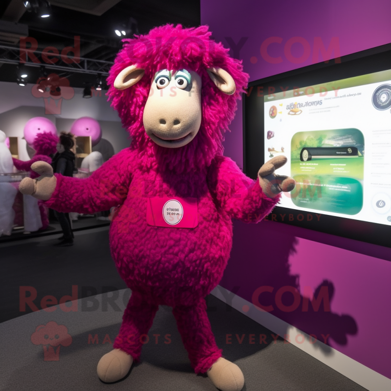 Magenta Suffolk Sheep mascot costume character dressed with a Playsuit and Lapel pins