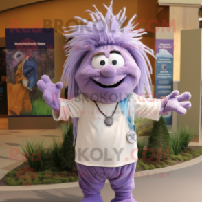 Lavender Chief mascot costume character dressed with a Henley Tee and Hair clips