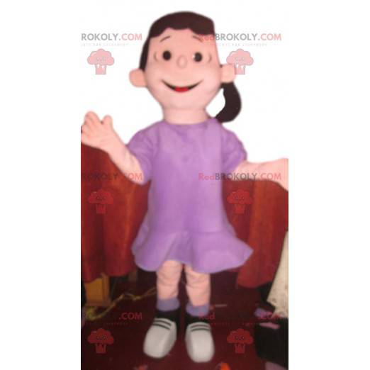Mascote de garotinha namoradeira em vestido roxo -