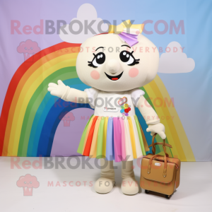 Cream Rainbow mascot costume character dressed with a Shift Dress and Handbags