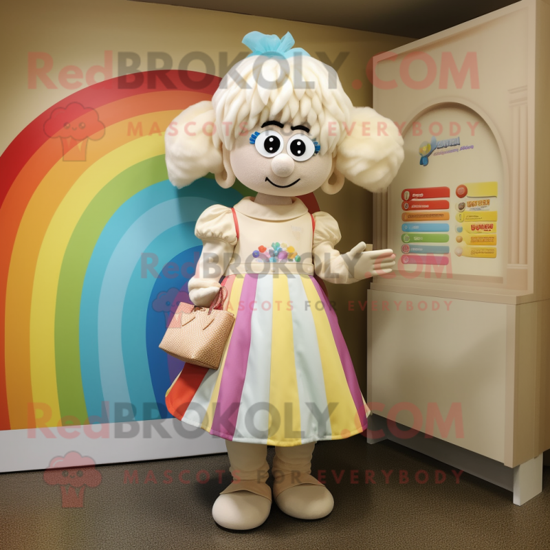 Cream Rainbow mascot costume character dressed with a Shift Dress and Handbags