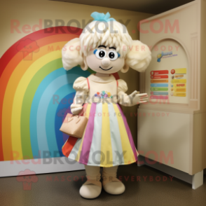 Cream Rainbow mascot costume character dressed with a Shift Dress and Handbags