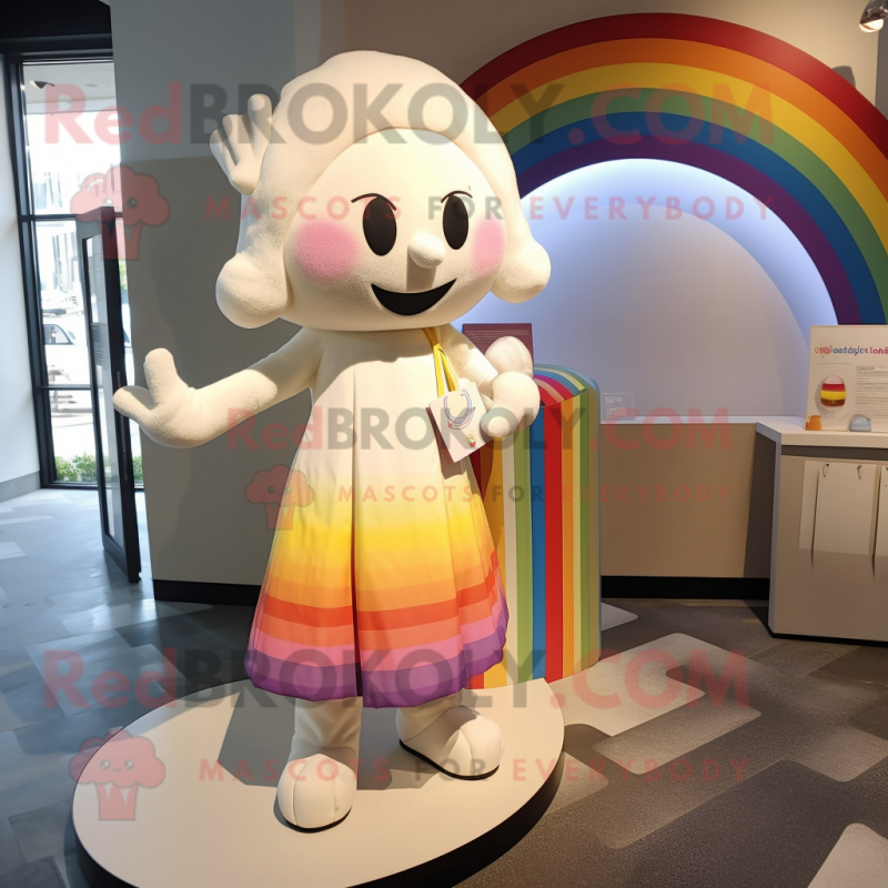 Cream Rainbow mascot costume character dressed with a Shift Dress and Handbags